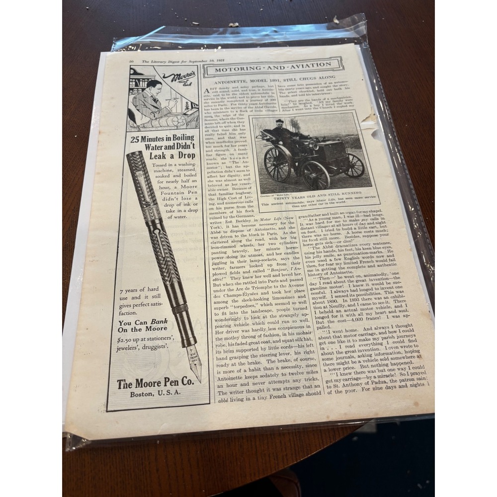 1921 Vintage Print Ad Moore Fountain Pen Reed & Barton Sterling Silver Wall Art